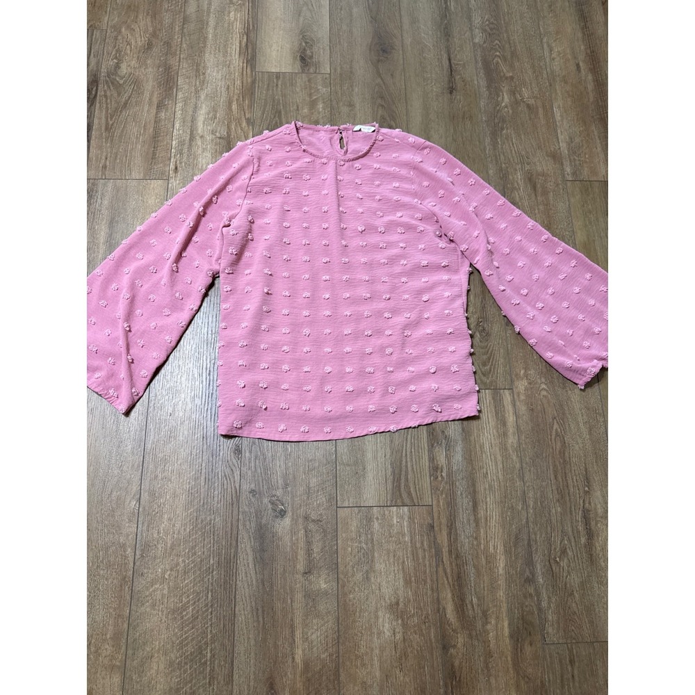 Pink Textured Dot Long Sleeve Blouse‎ Casual Elegant Top